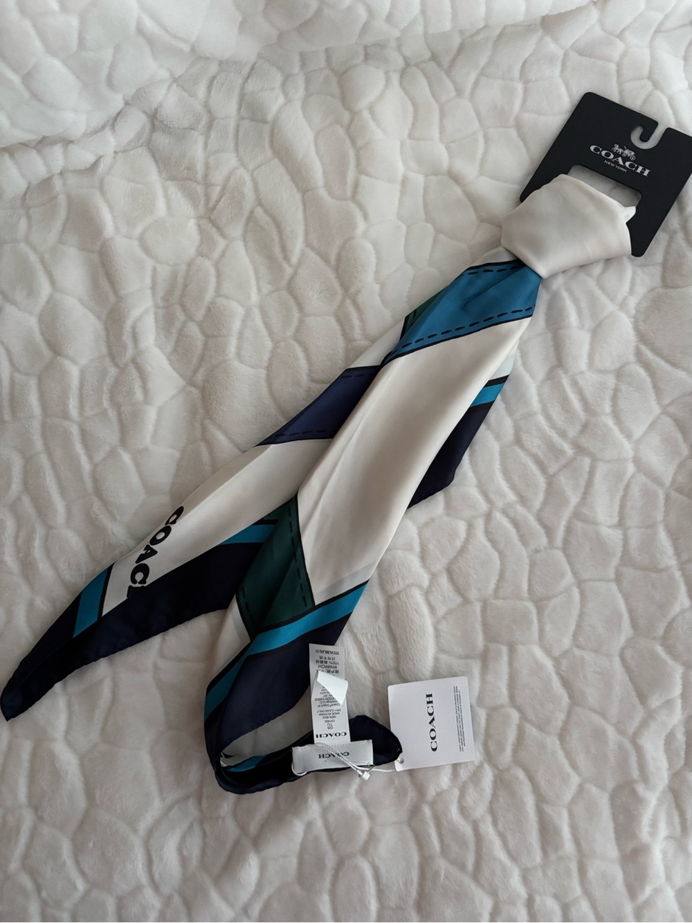 Coach Belt Pattern White and Navy Silk Neck Scarf